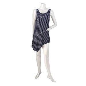 Cable Gauge Striped Asymmetrical Tunic Stretch Sleeveless Blouse Navy White